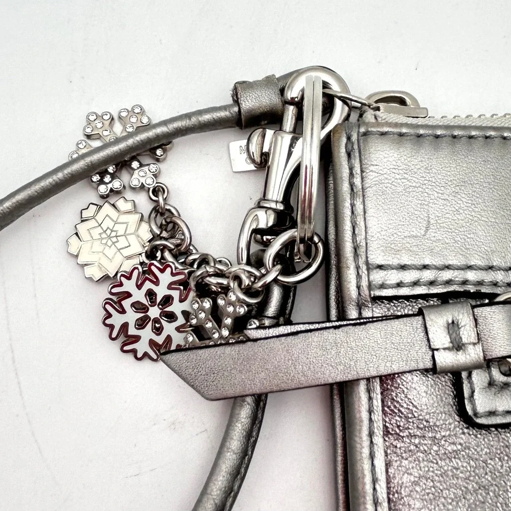 Coach Metallic Silver Leather Wristlet Snowflake Charm Striped Lining Clutch